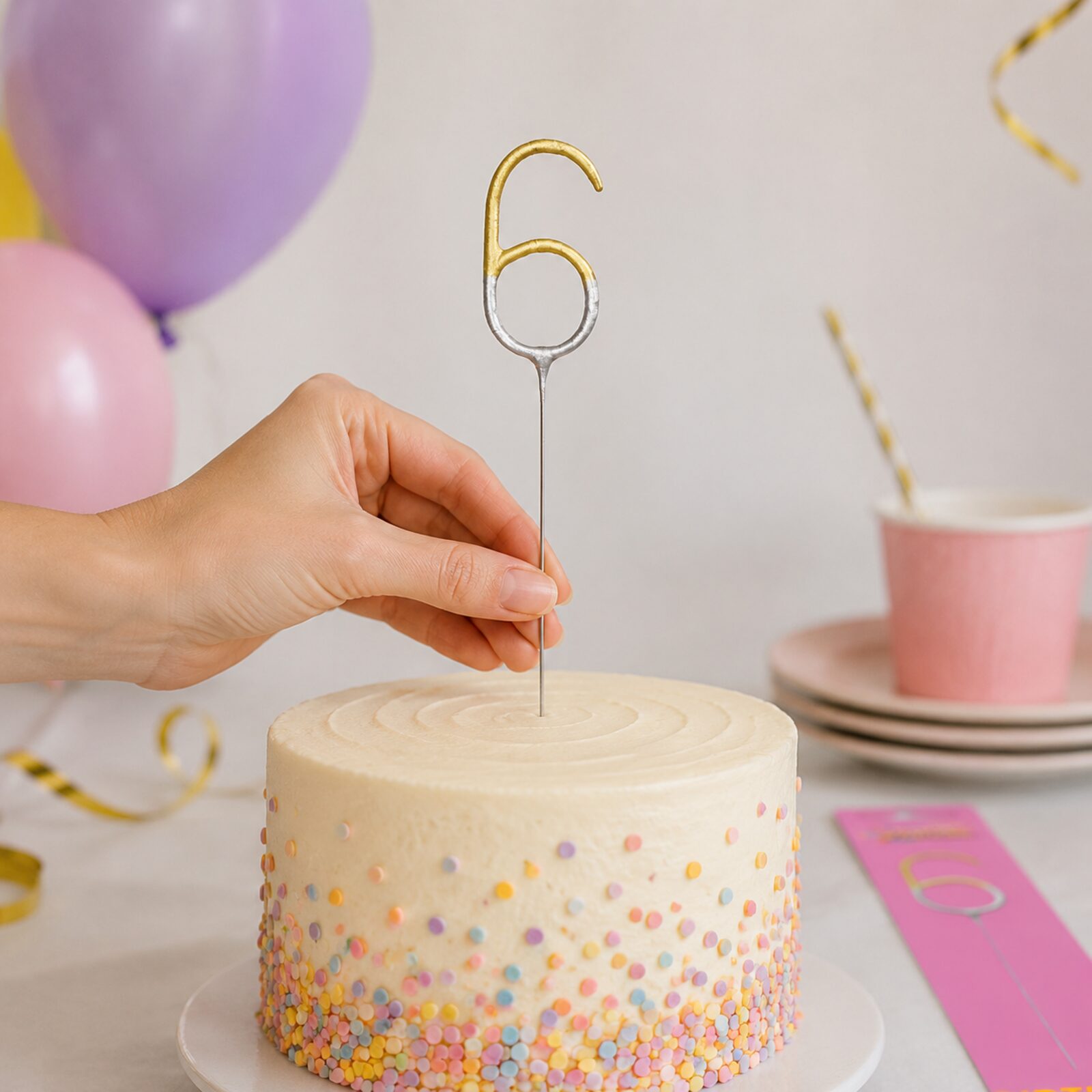 Adult safely placing an unlit number 6 birthday sparkler into a cake by its stem