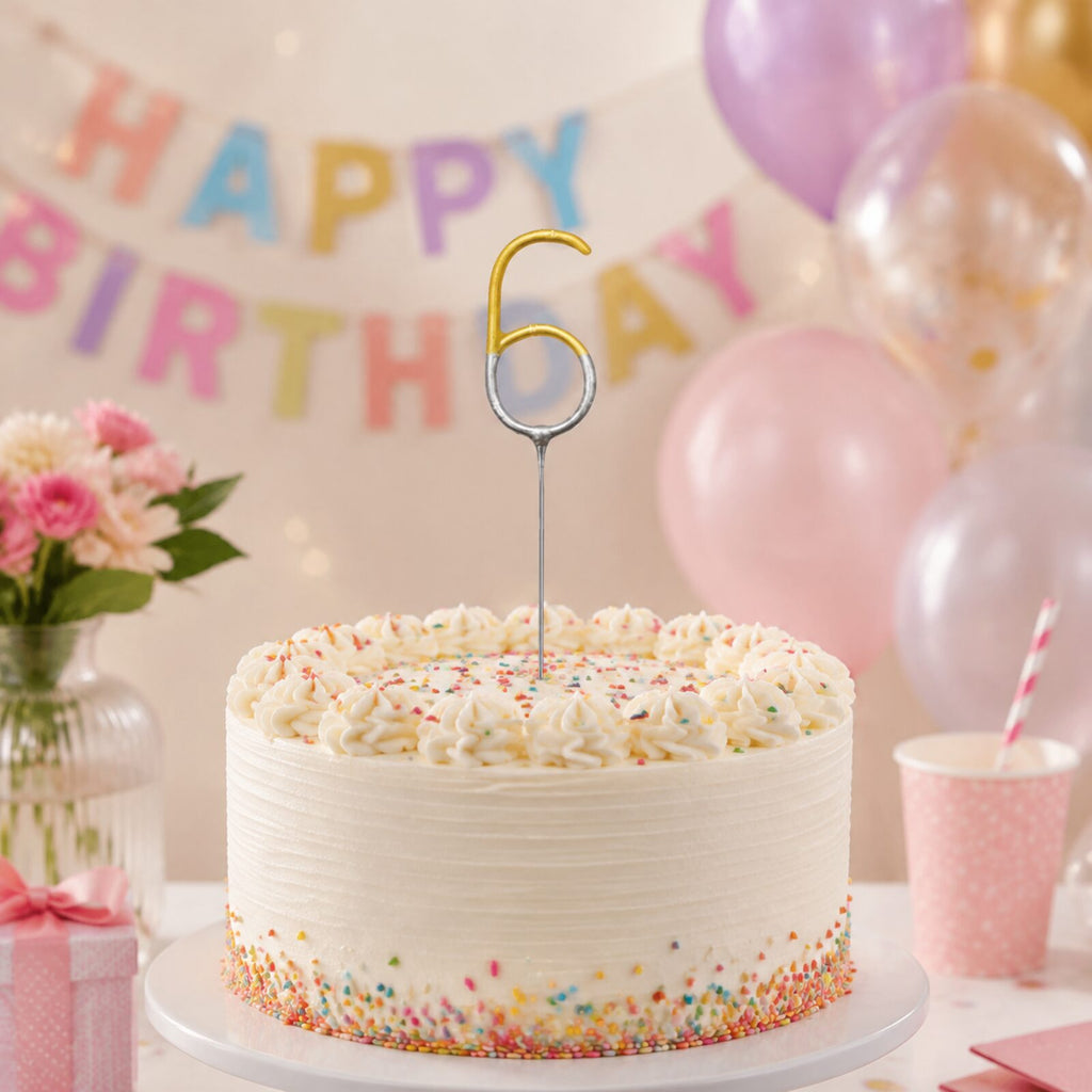 Unlit number 6 gold and silver birthday sparkler displayed in a celebration cake