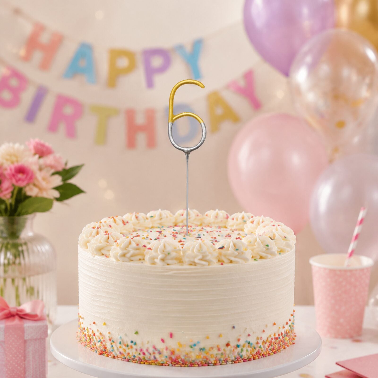 Unlit number 6 gold and silver birthday sparkler displayed in a celebration cake