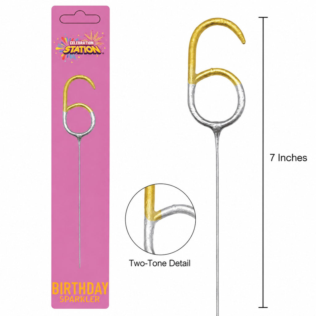 Close-up of number 6 sparkler gold and silver two-tone coating and metal stem