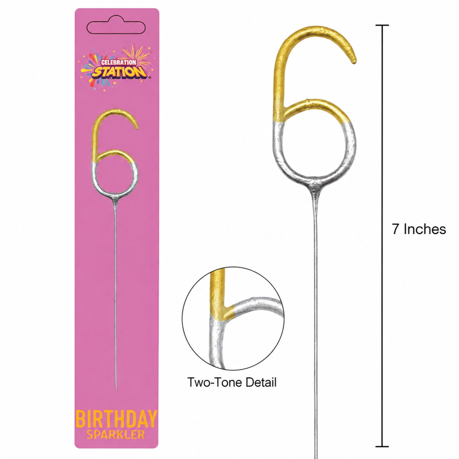 Close-up of number 6 sparkler gold and silver two-tone coating and metal stem