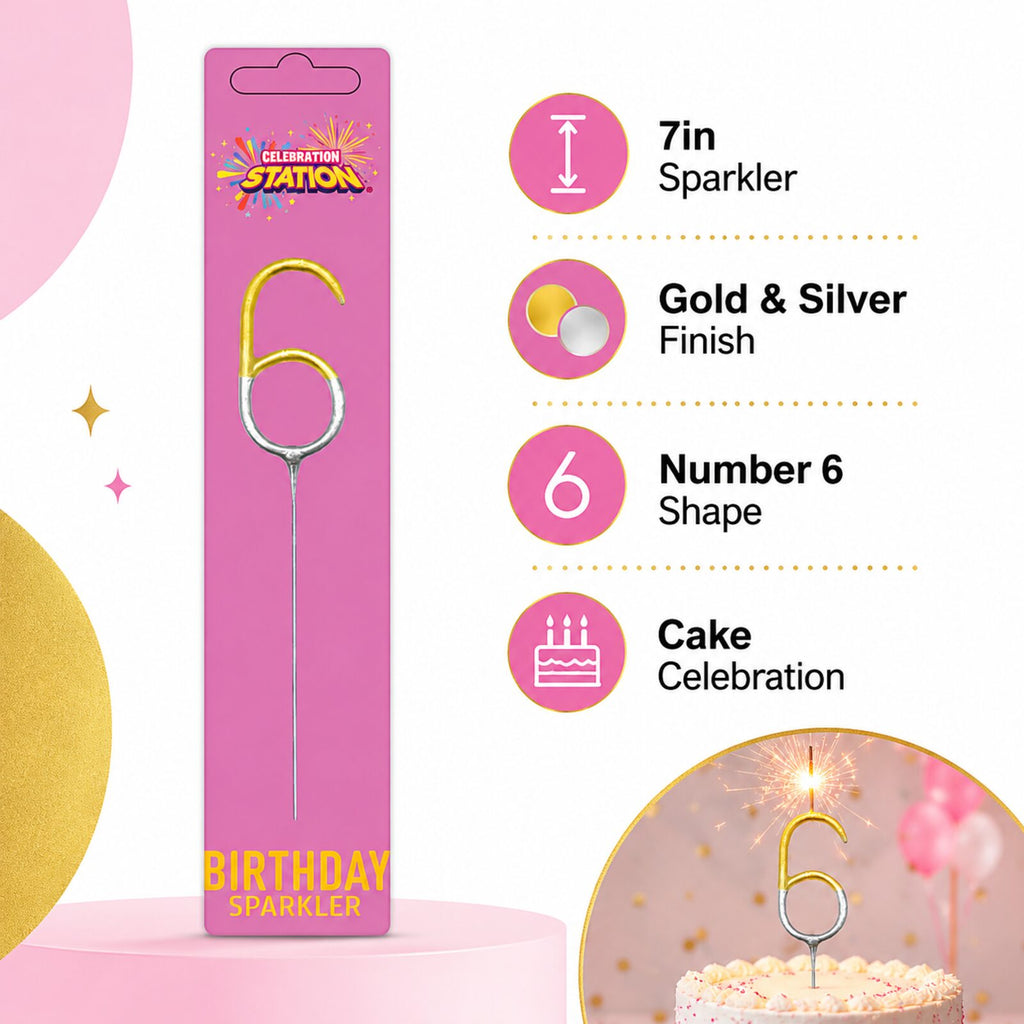 Number 6 birthday sparkler infographic showing 7 inch size and gold silver finish