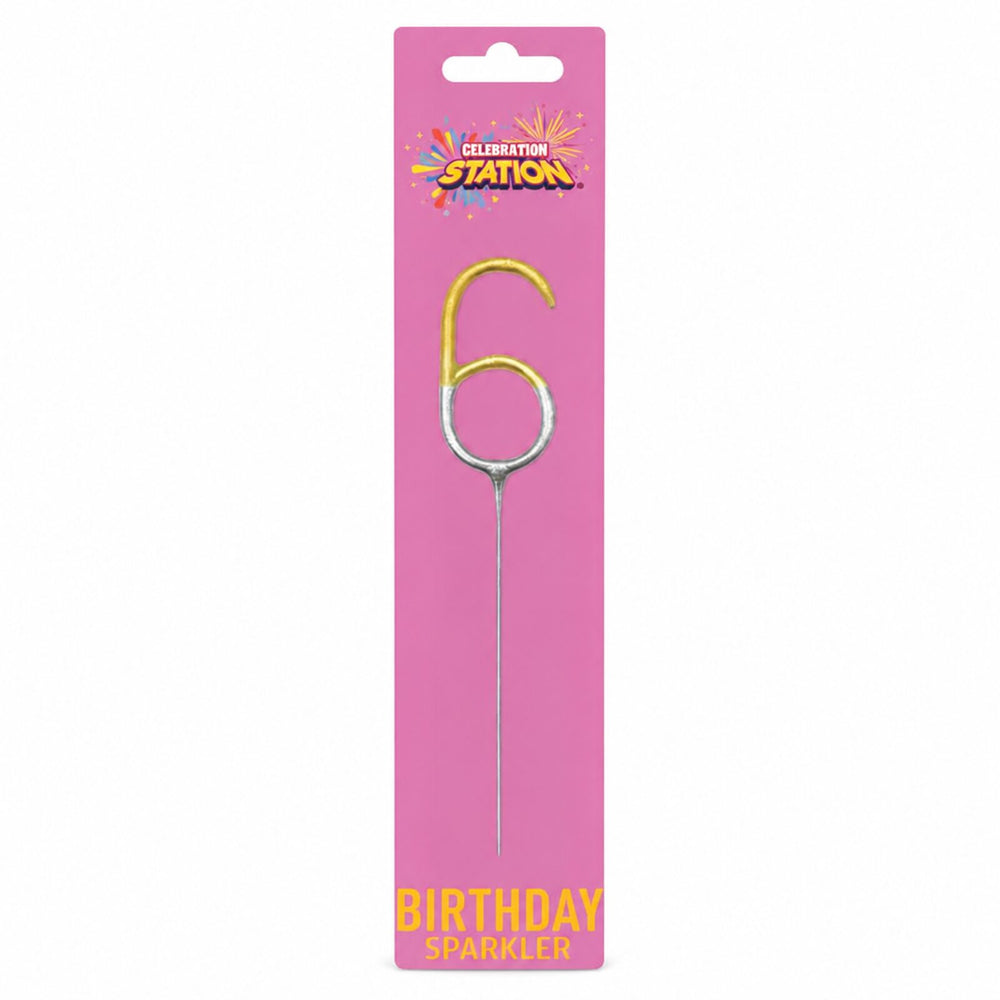 Celebration Station number 6 gold and silver birthday sparkler in retail packaging