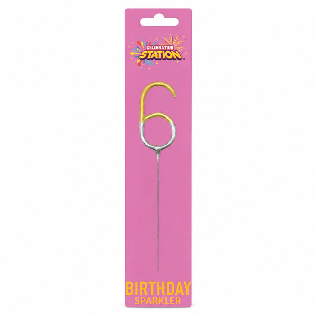 Celebration Station number 6 gold and silver birthday sparkler in retail packaging
