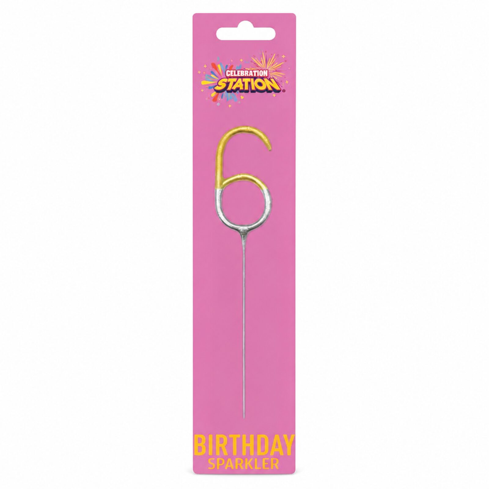Celebration Station number 6 gold and silver birthday sparkler in retail packaging