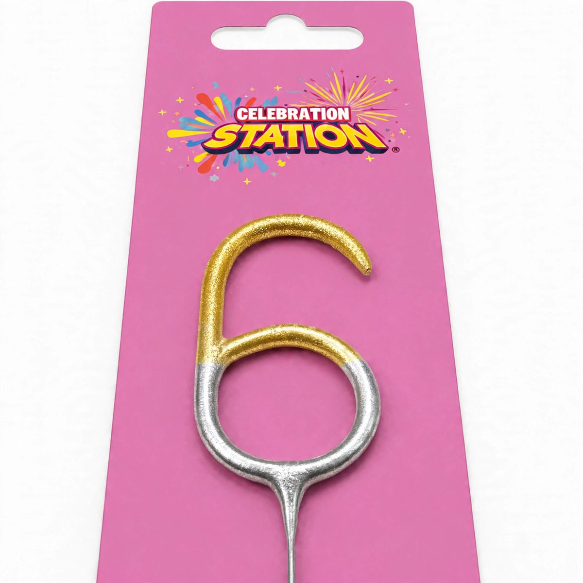 Close-up of number 6 birthday sparkler with gold and silver finish