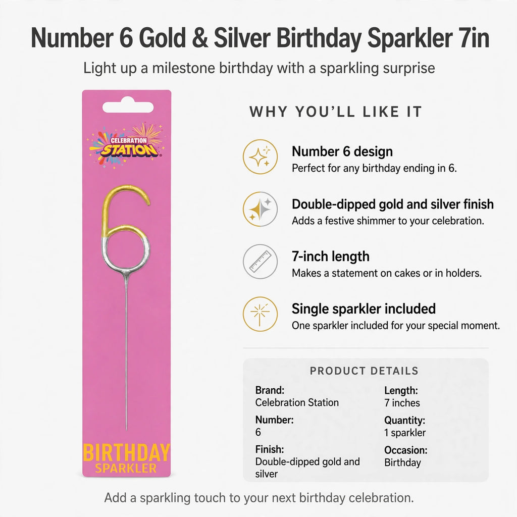 Infographic showing number 6 design, double-dipped gold and silver finish, 7-inch length, and single sparkler included
