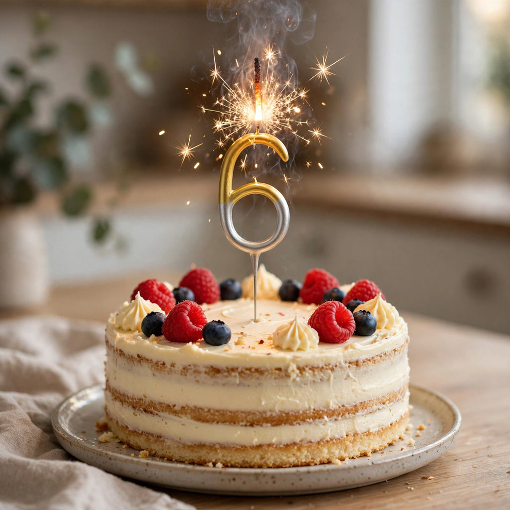 Number 6 birthday sparkler inserted into a birthday cake for a celebration
