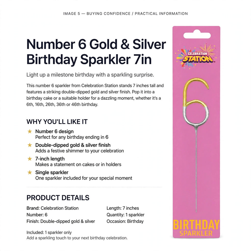 Single number 6 sparkler with double-dipped gold and silver finish and 7-inch length for birthday celebrations