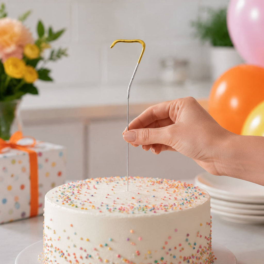 Adult safely placing an unlit number 7 birthday sparkler into a cake by its stem