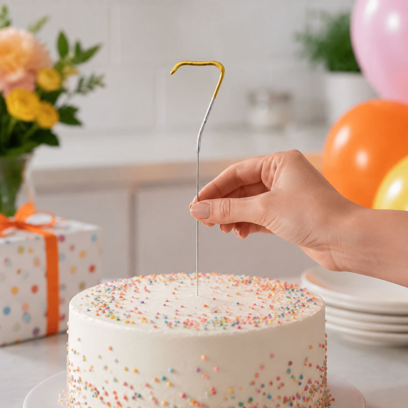 Adult safely placing an unlit number 7 birthday sparkler into a cake by its stem