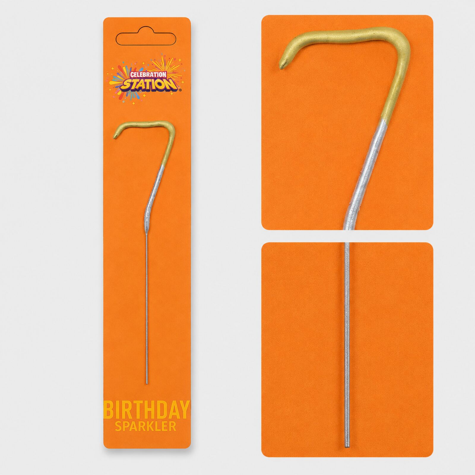 Close-up of number 7 sparkler gold and silver coating and long metal stem