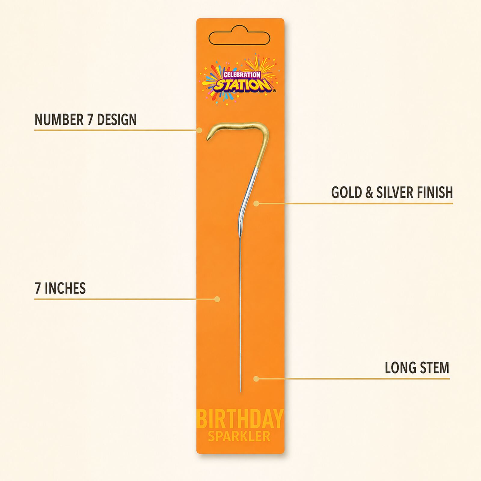 Number 7 birthday sparkler infographic showing 7 inch size and gold silver finish