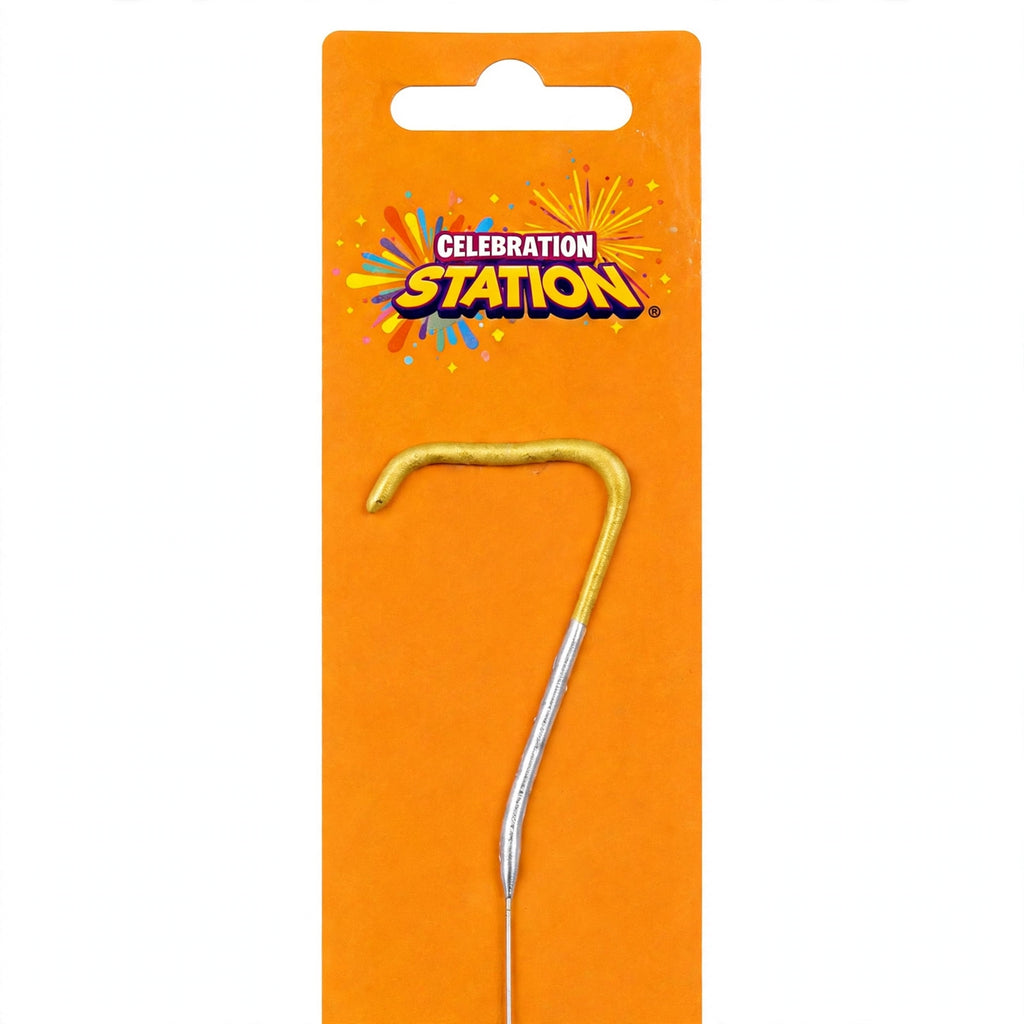 Close-up view of Number 7 birthday sparkler with gold and silver finish