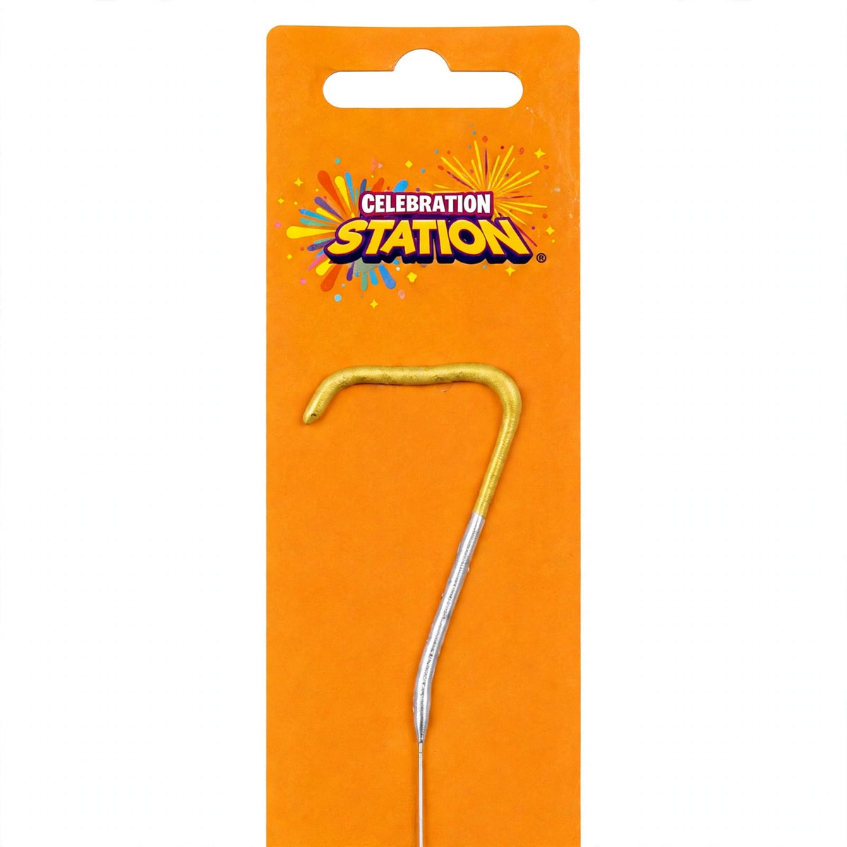Close-up view of Number 7 birthday sparkler with gold and silver finish
