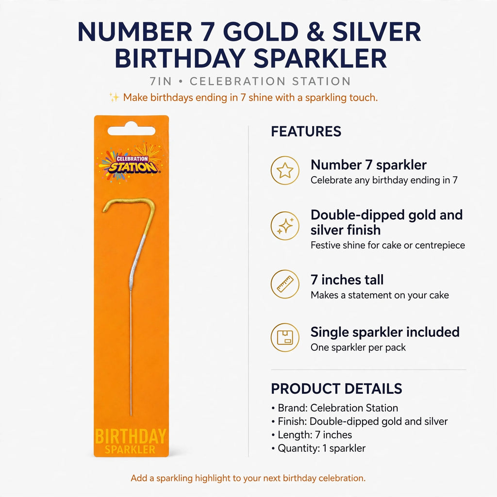 Infographic showing number 7 sparkler with double-dipped gold and silver finish and 7 inch length