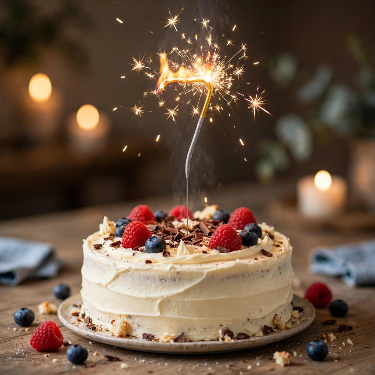 Number 7 birthday sparkler placed on a birthday cake for a celebration ending in 7