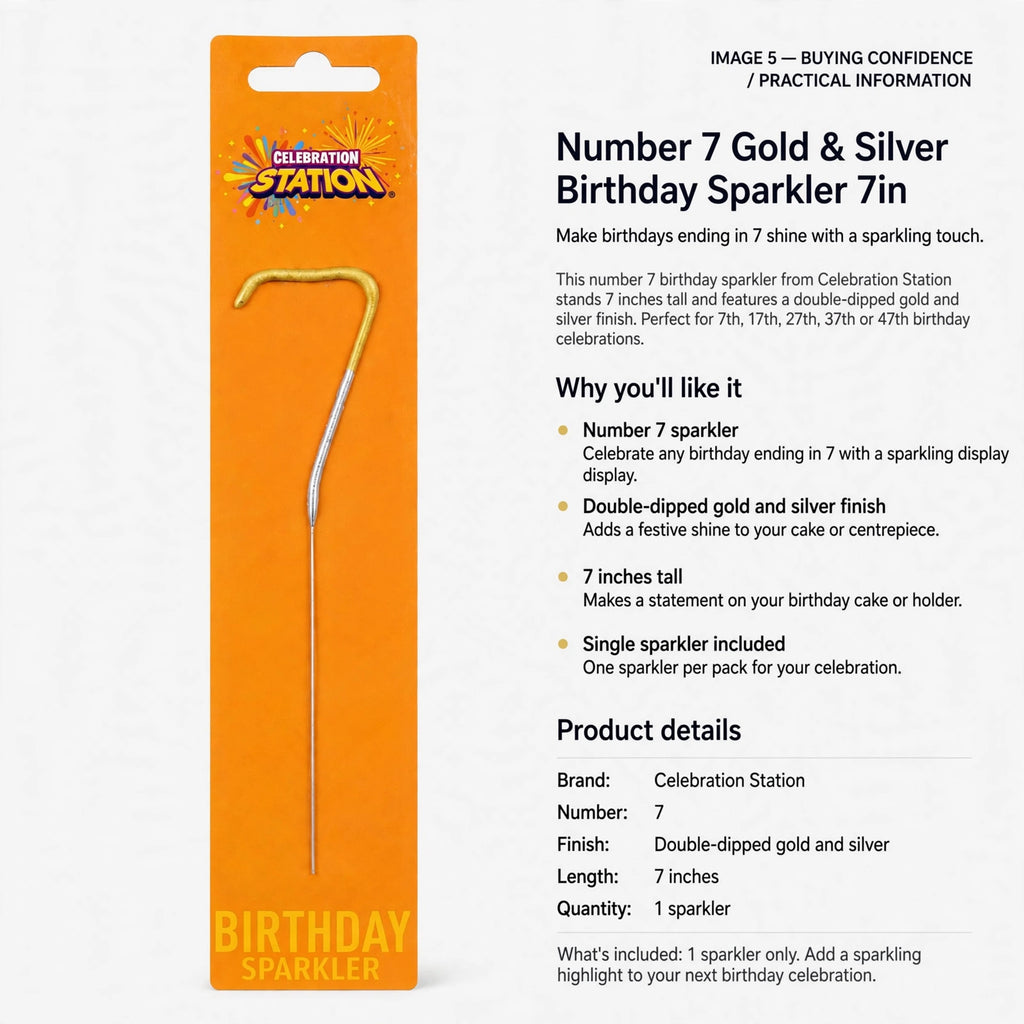 Single Number 7 sparkler included for birthday celebrations ending in 7