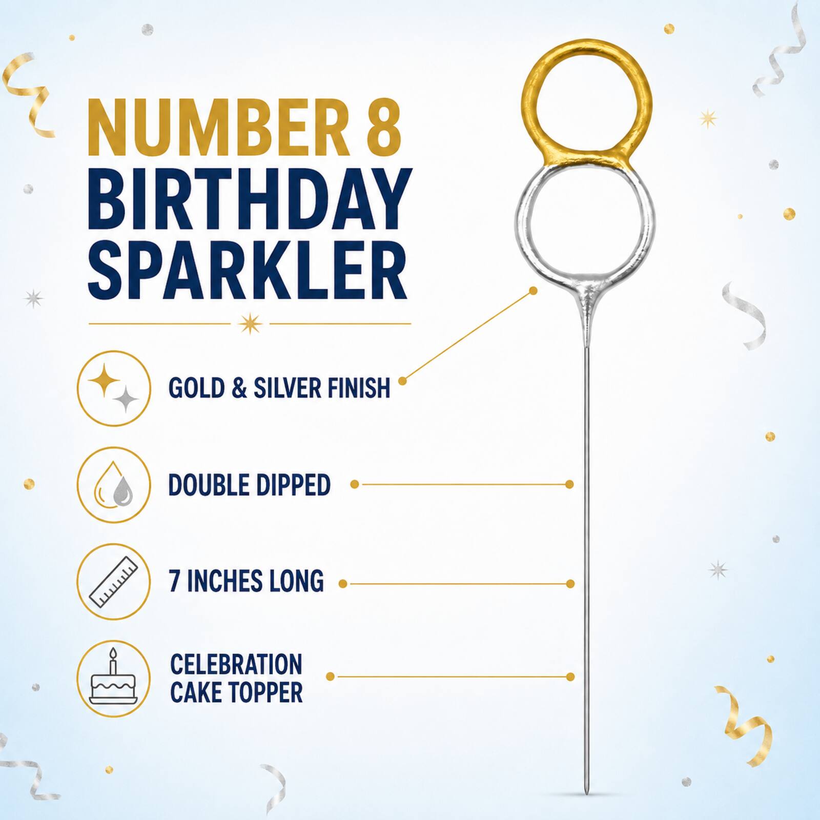 Number 8 birthday sparkler infographic showing gold silver finish and 7 inch length