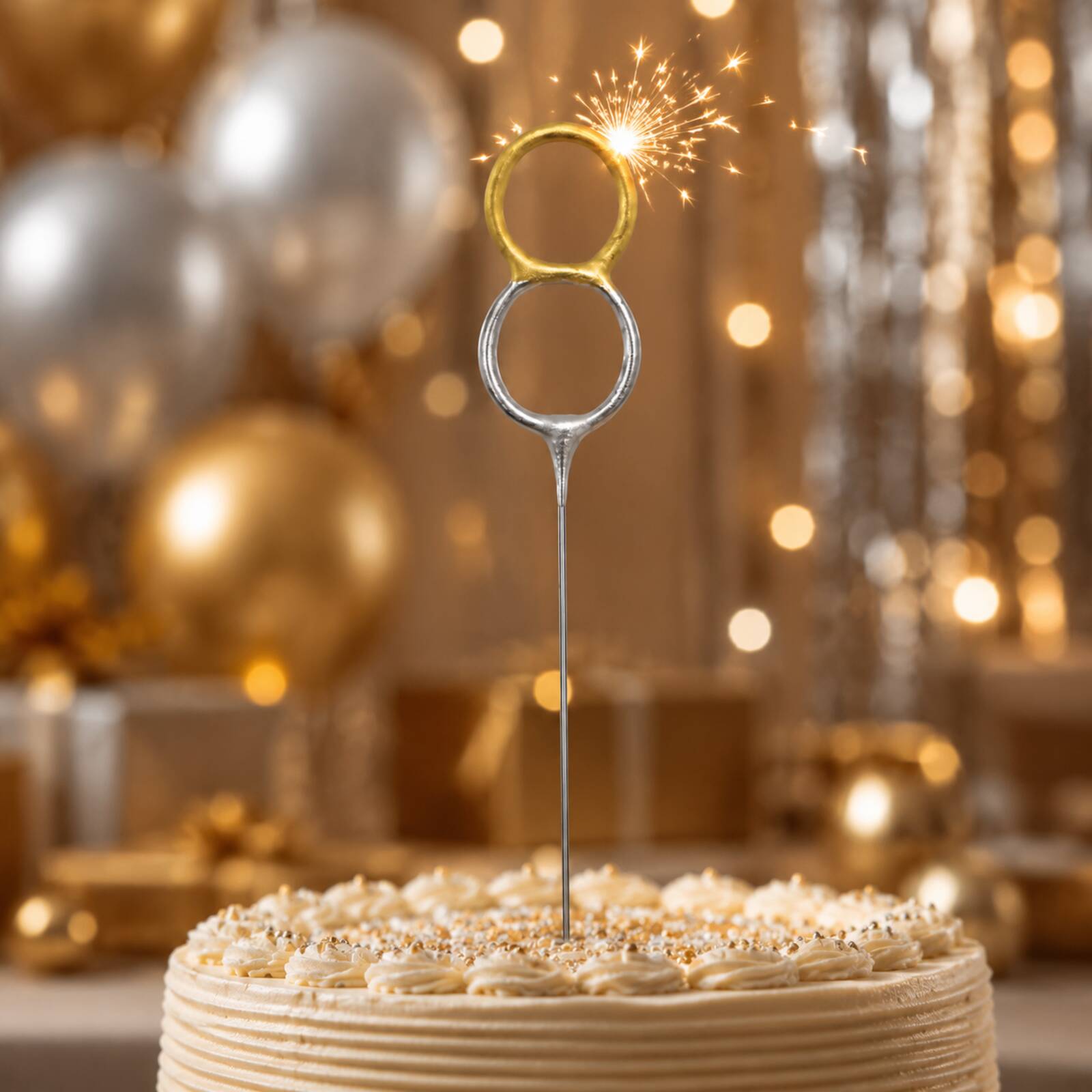 Lit number 8 gold and silver birthday sparkler displayed upright on a cake