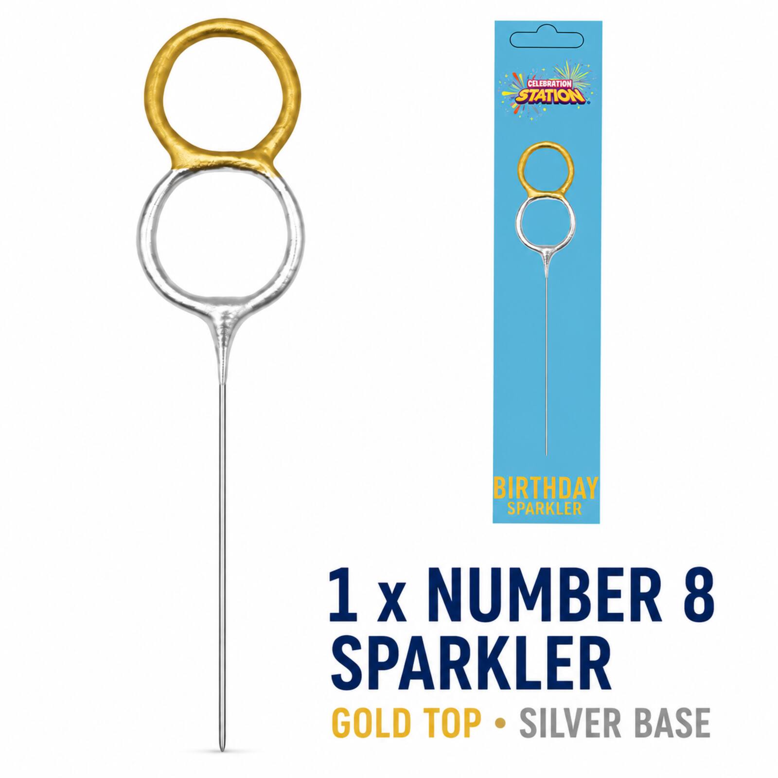 One number 8 gold and silver birthday sparkler with Celebration Station packaging