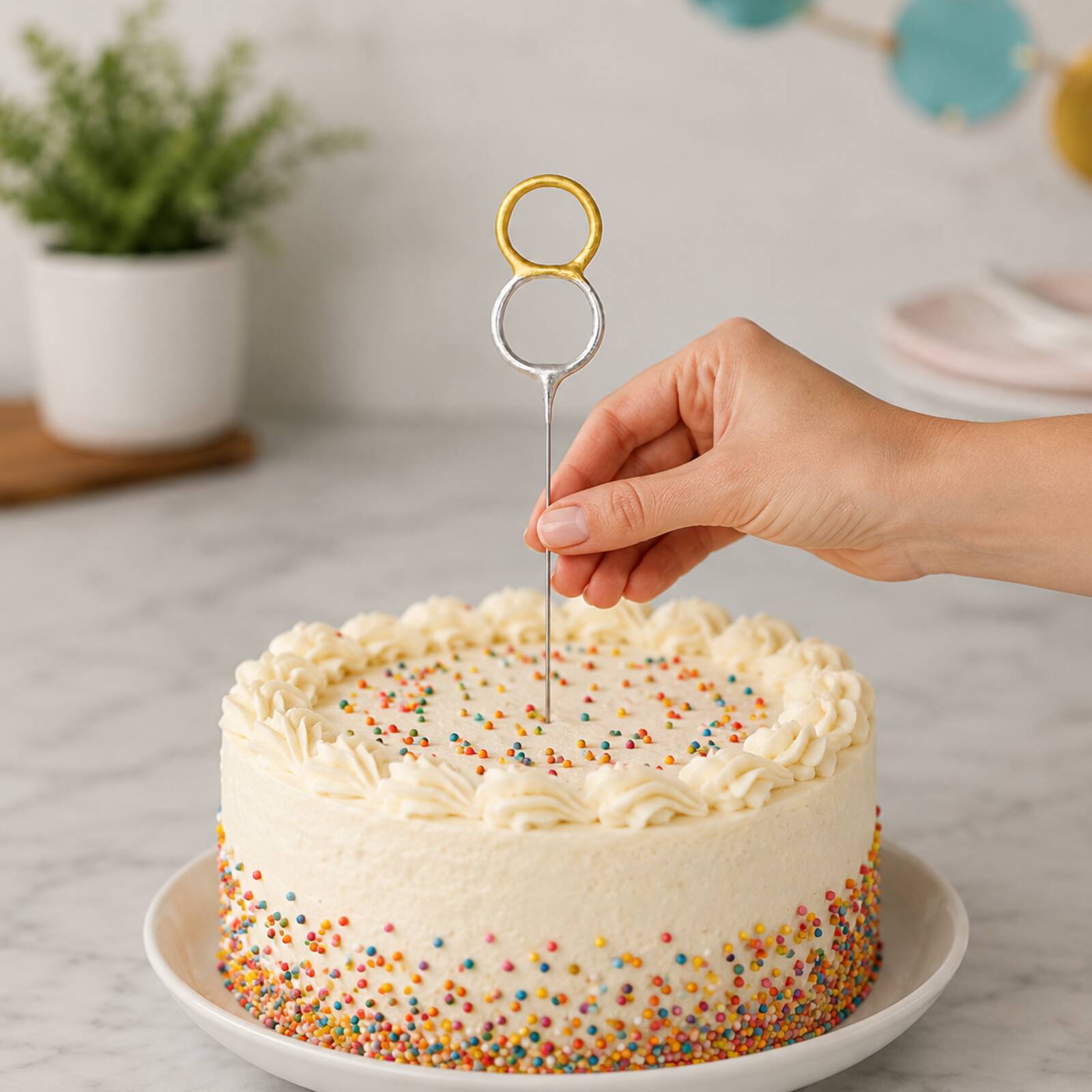 Adult hand placing an unlit number 8 birthday sparkler safely into a cake