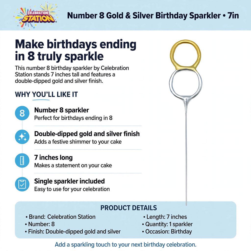 Infographic showing number 8 sparkler features including double-dipped gold and silver finish and 7 inch length