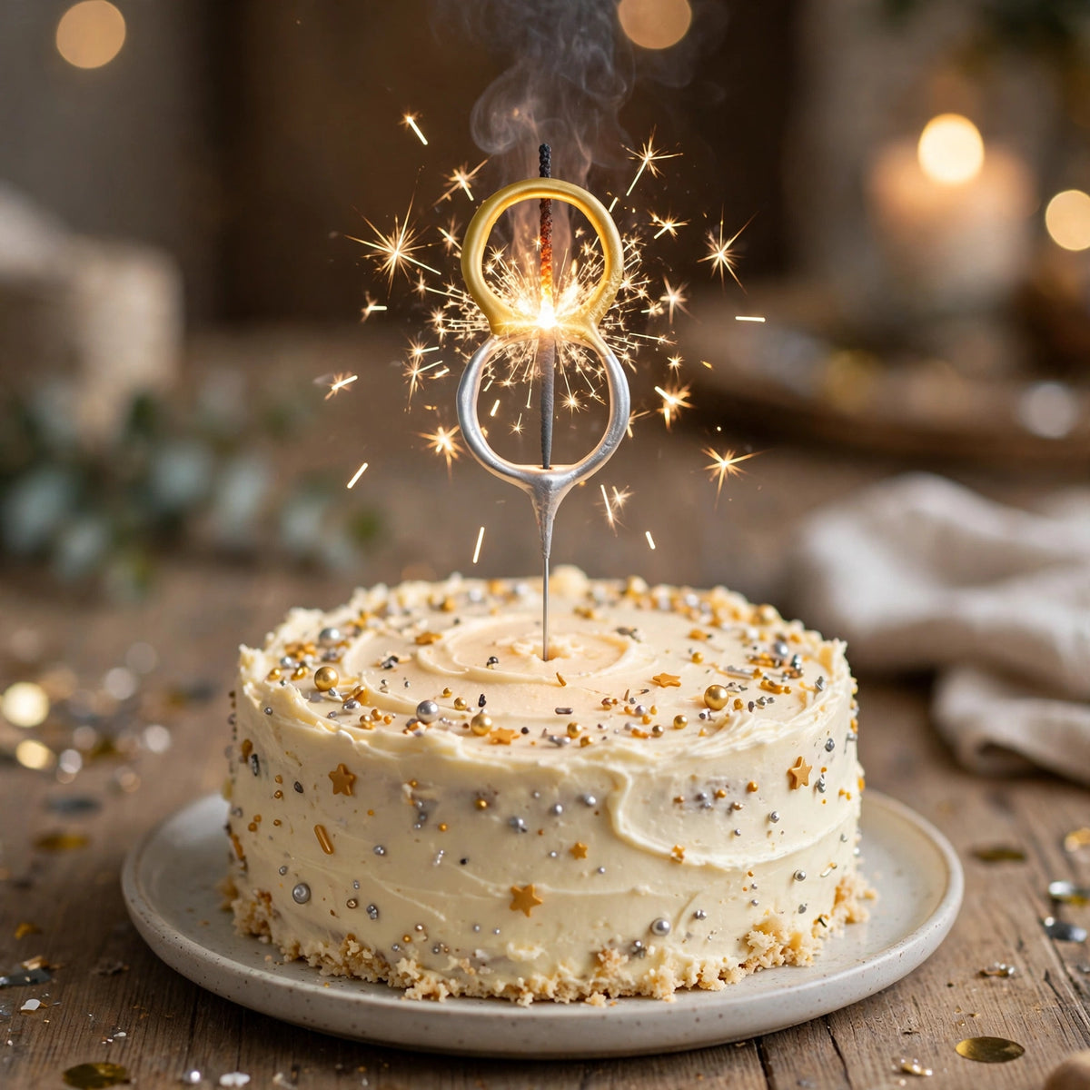 Number 8 sparkler placed on a birthday cake for celebration