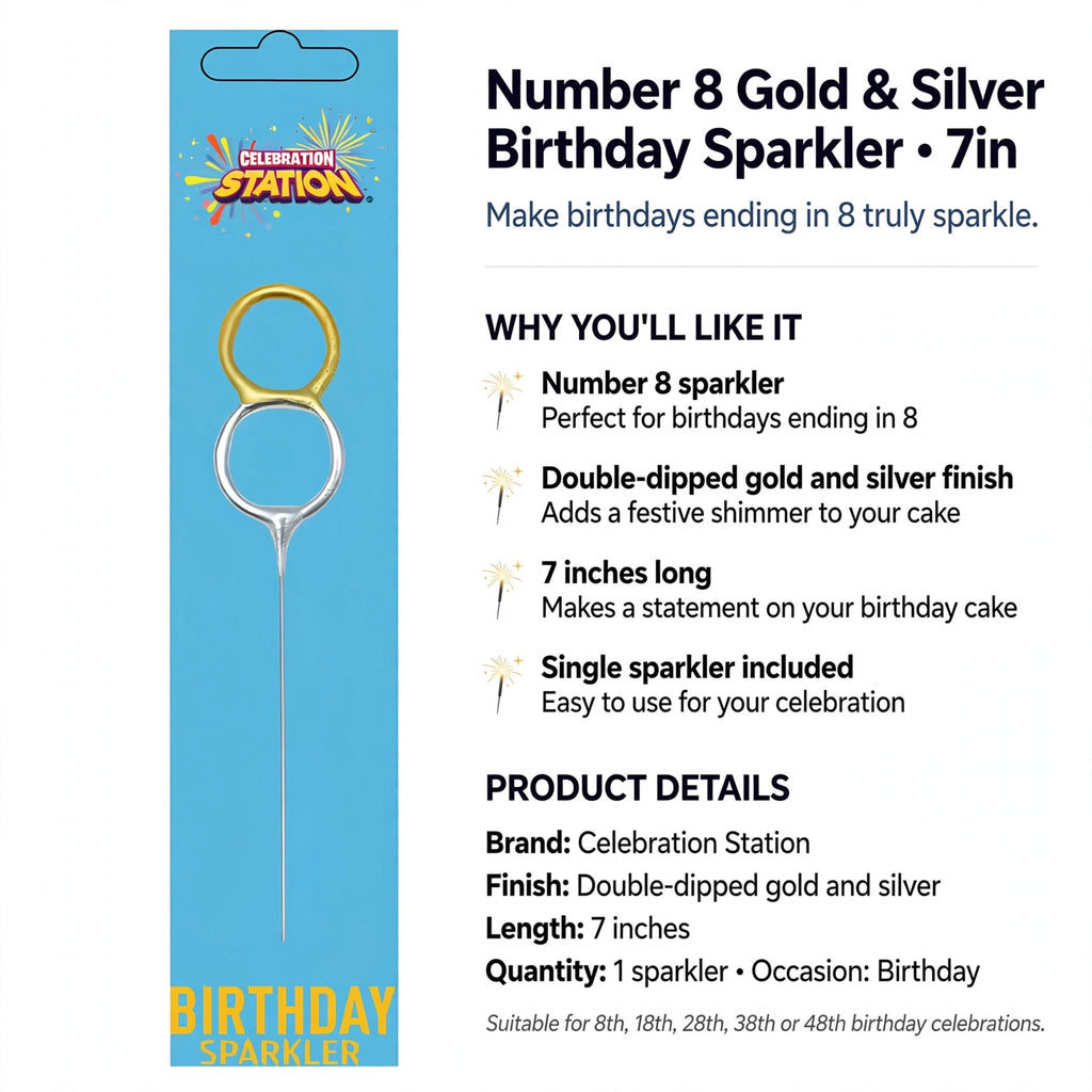 Single number 8 sparkler suitable for birthdays ending in 8