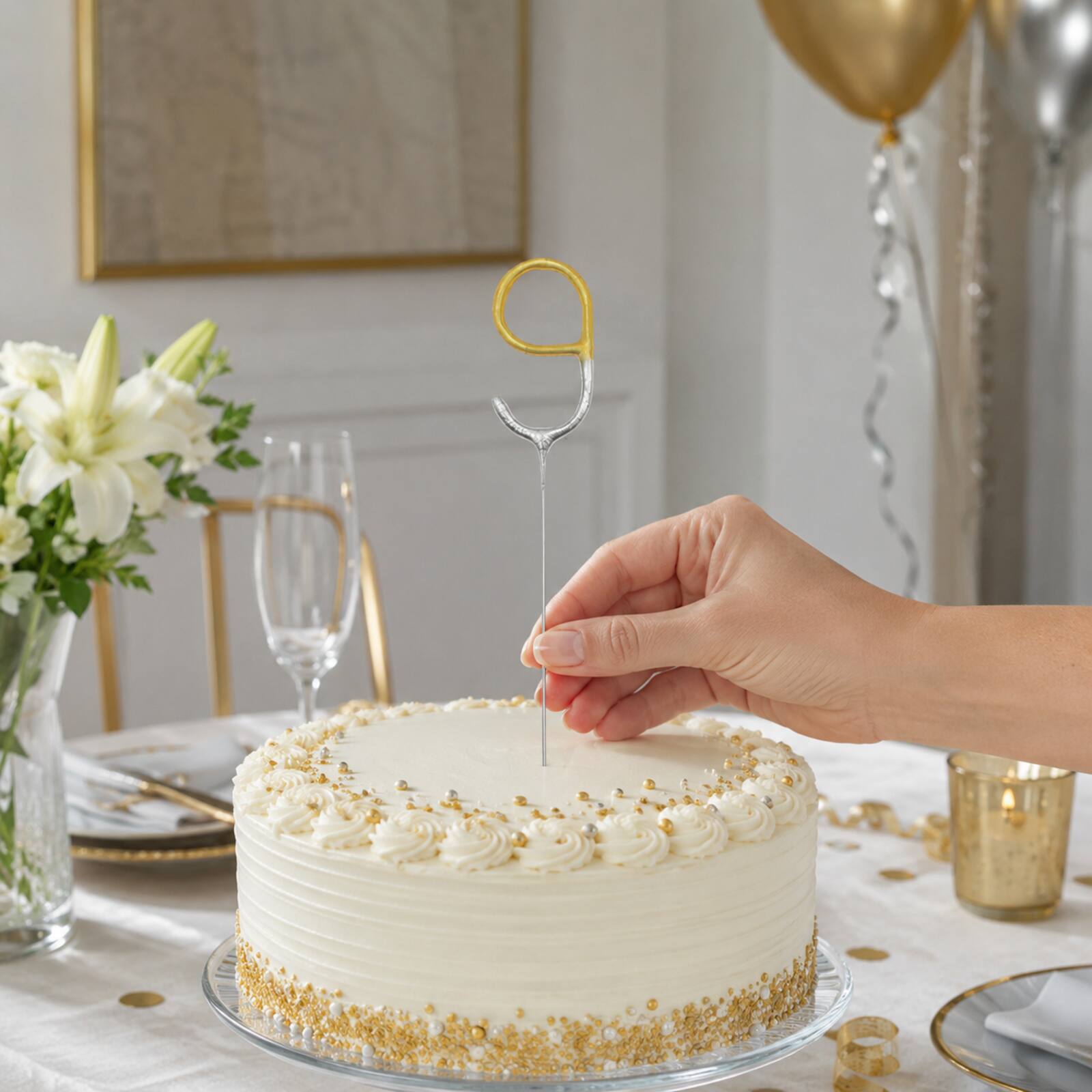 Adult placing an unlit number 9 gold and silver birthday sparkler into a cake