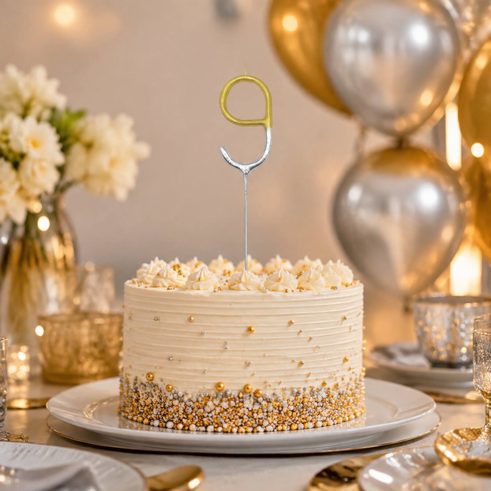 Unlit gold and silver number 9 birthday sparkler displayed in a celebration cake