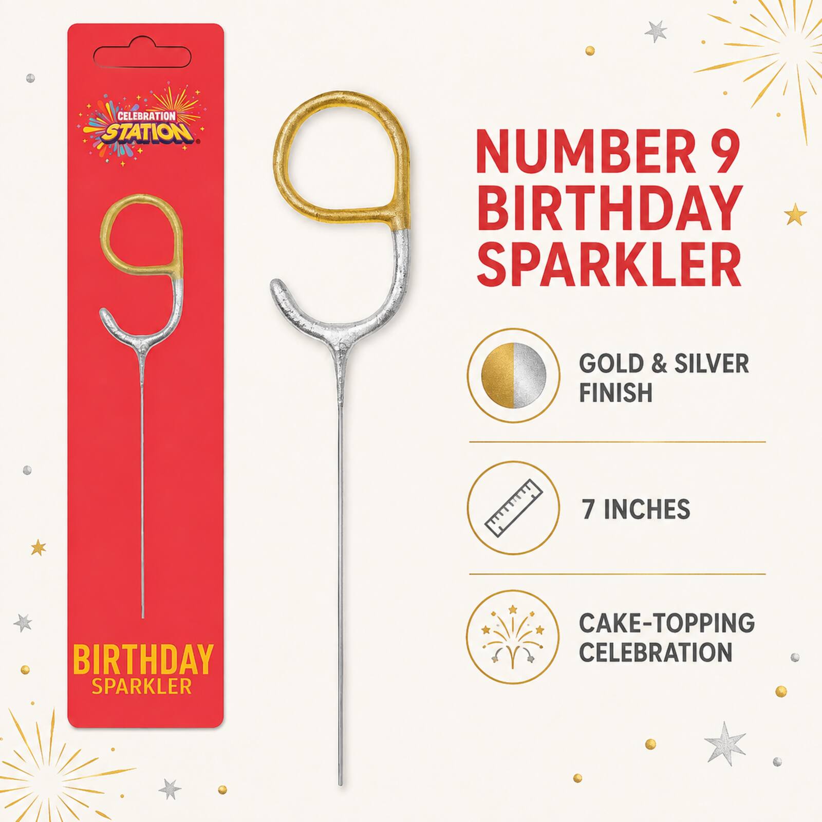 Number 9 birthday sparkler infographic showing gold and silver finish and 7 inch size