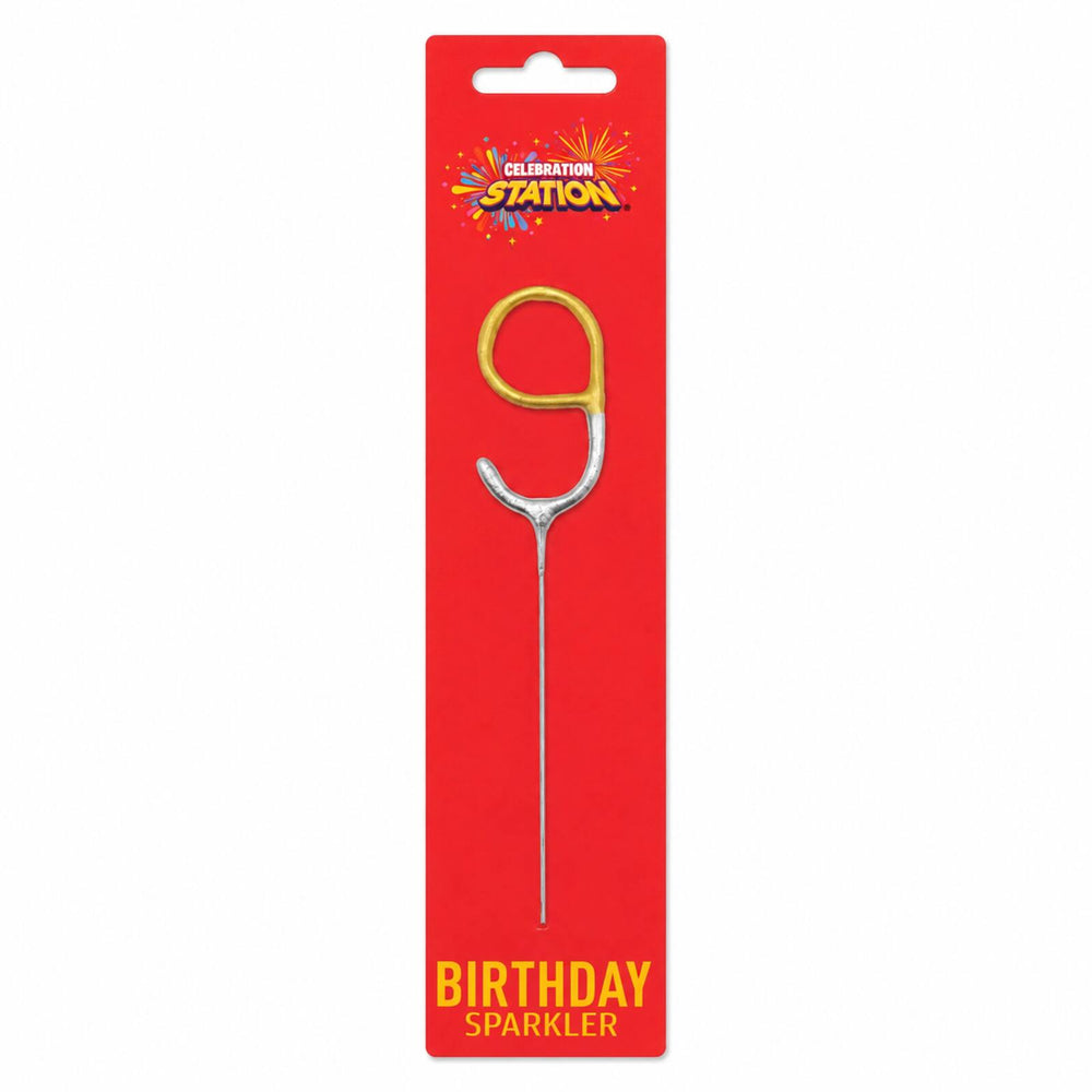 Celebration Station number 9 gold and silver birthday sparkler in red packaging on white
