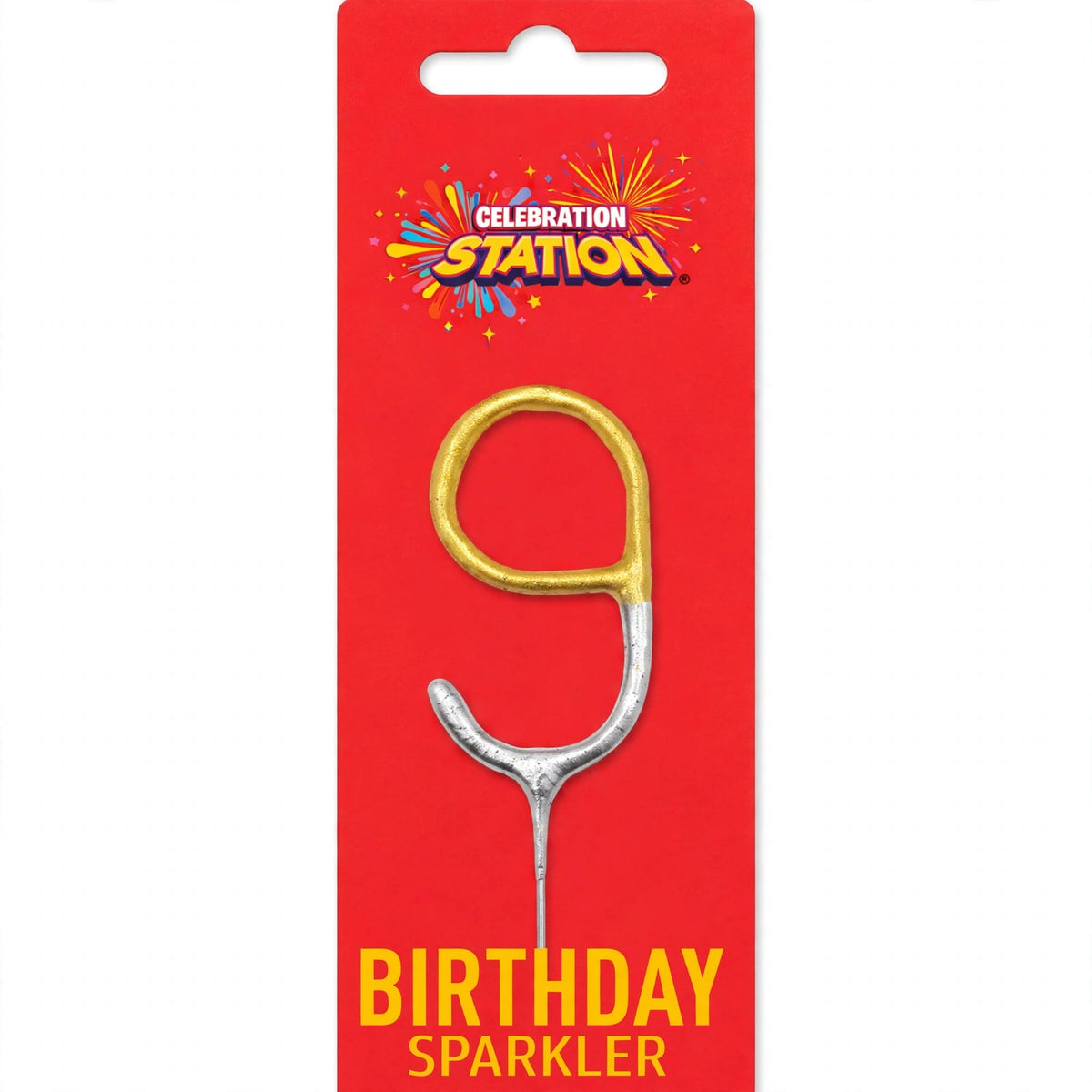 Close-up of gold and silver number 9 birthday sparkler on Celebration Station backing card