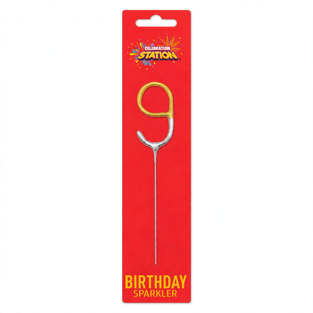 Number 9 gold and silver birthday sparkler with 7-inch stem