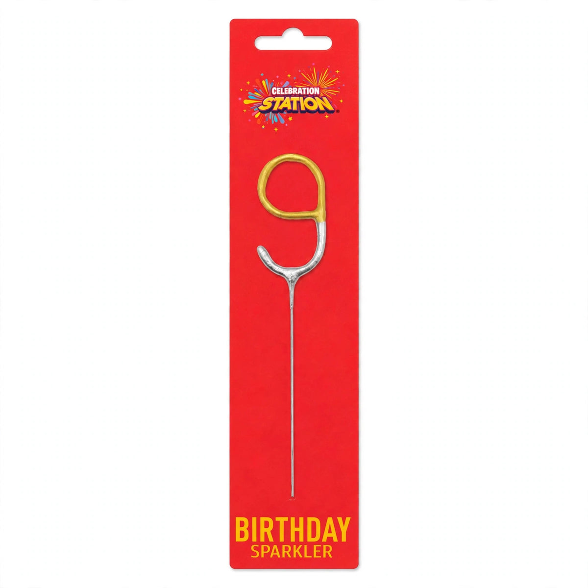 Number 9 gold and silver birthday sparkler with 7-inch stem