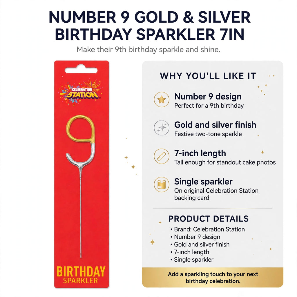 Infographic showing number 9 design, gold and silver finish, 7-inch length, and single sparkler