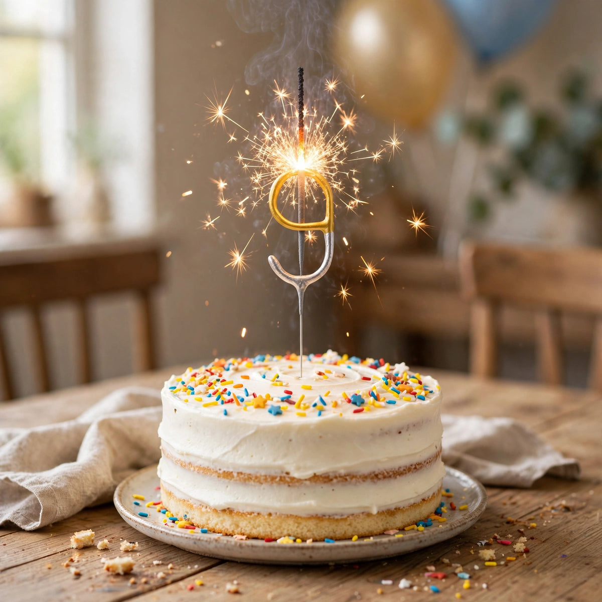 Number 9 gold and silver birthday sparkler placed on a birthday cake for a 9th birthday celebration