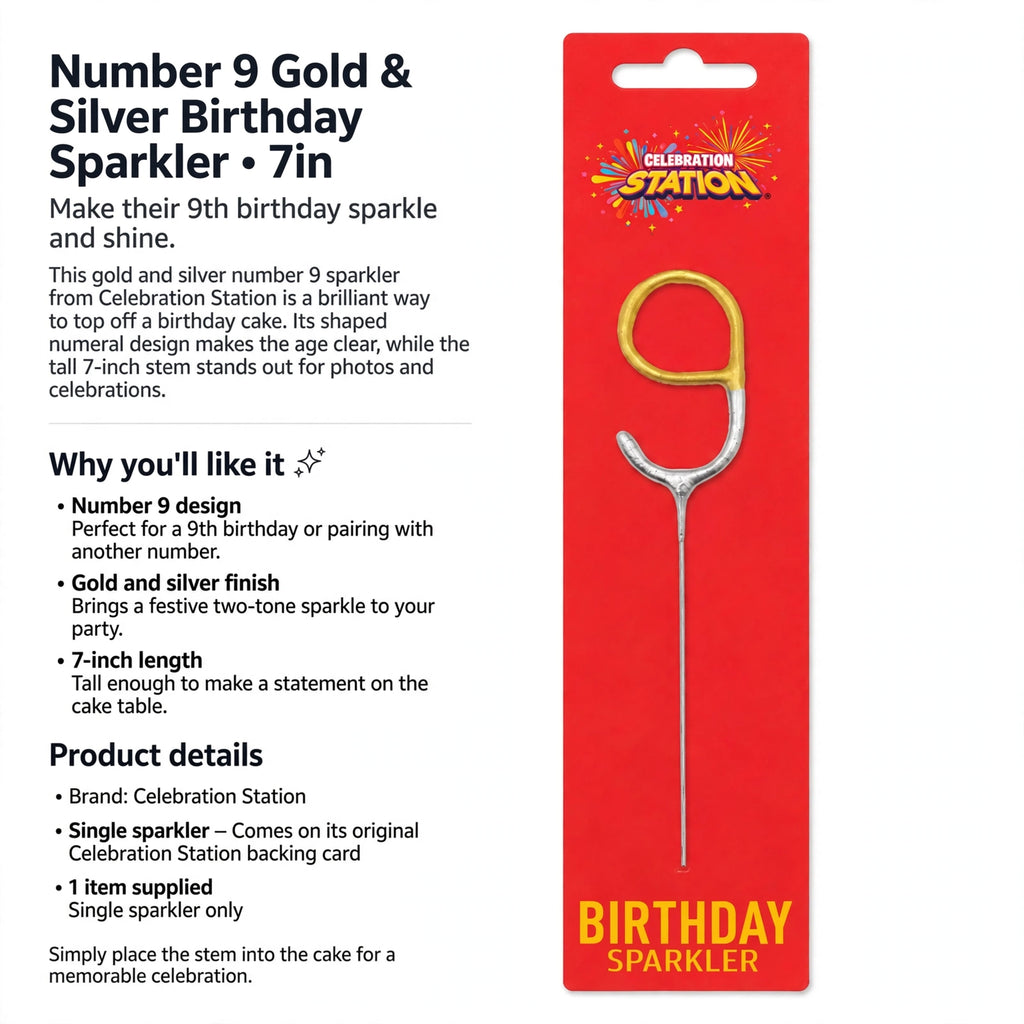 Single number 9 sparkler with gold and silver finish and 7-inch length for birthday cakes