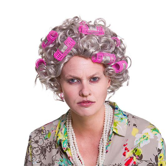 OAP Granny Grey Curly Fancy Dress Wig With Pink Hair Rollers