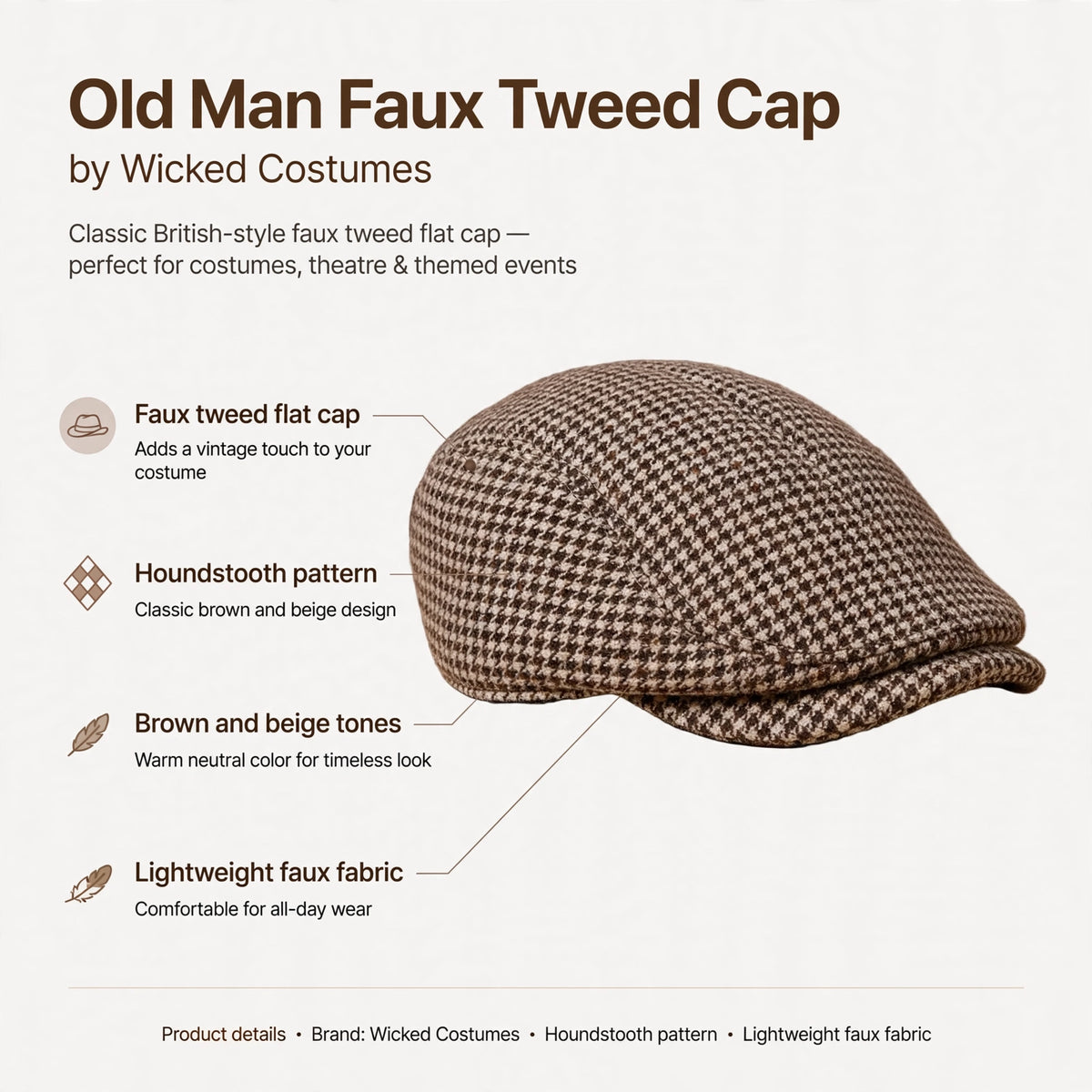 Infographic showing faux tweed flat cap with houndstooth pattern and lightweight fabric
