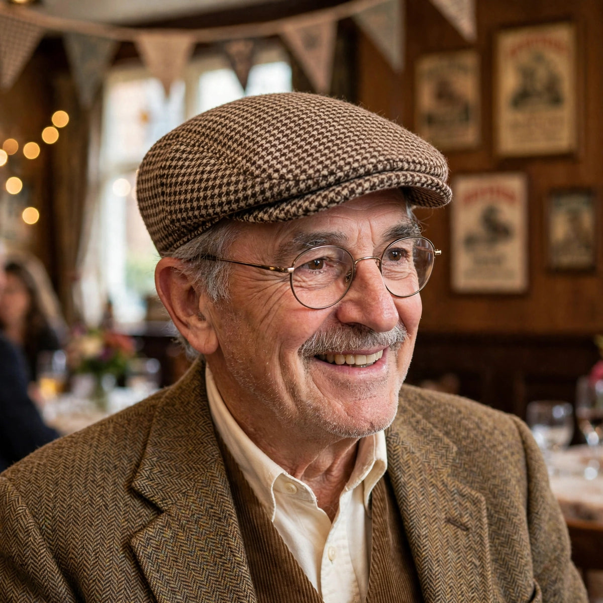 Old Man Faux Tweed Cap worn as part of a vintage character costume for fancy dress