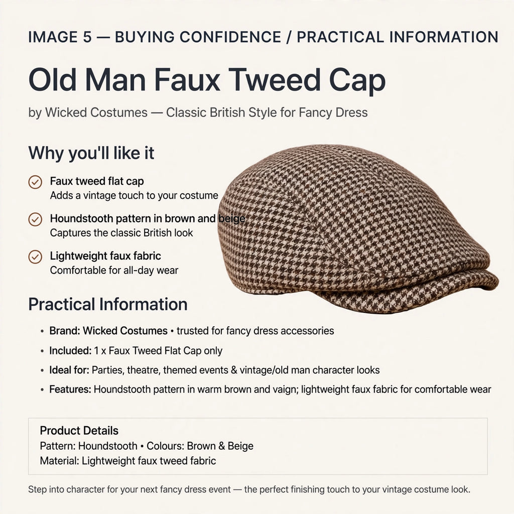 Old Man Faux Tweed Cap suitable for fancy dress events and themed parties