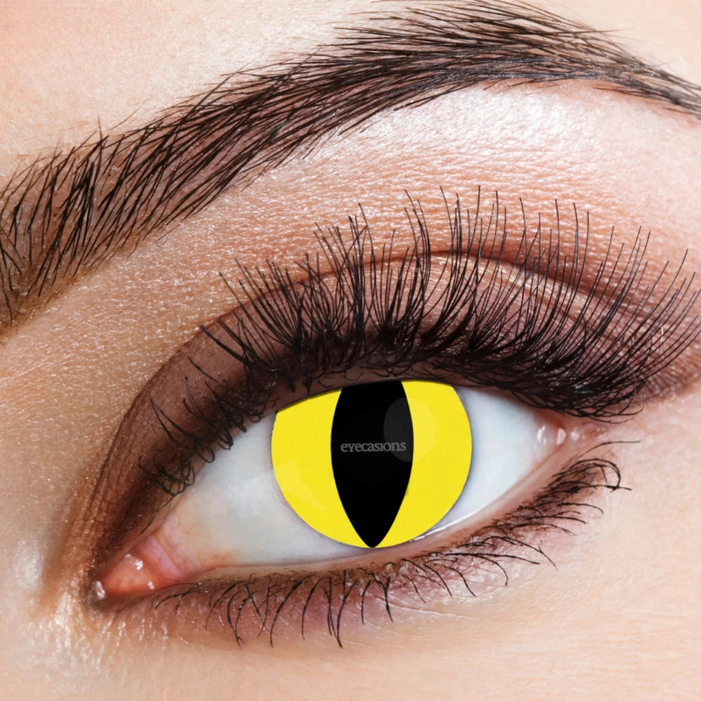 Close-up view of Eyecasions yellow and black cat-eye Halloween contact lenses