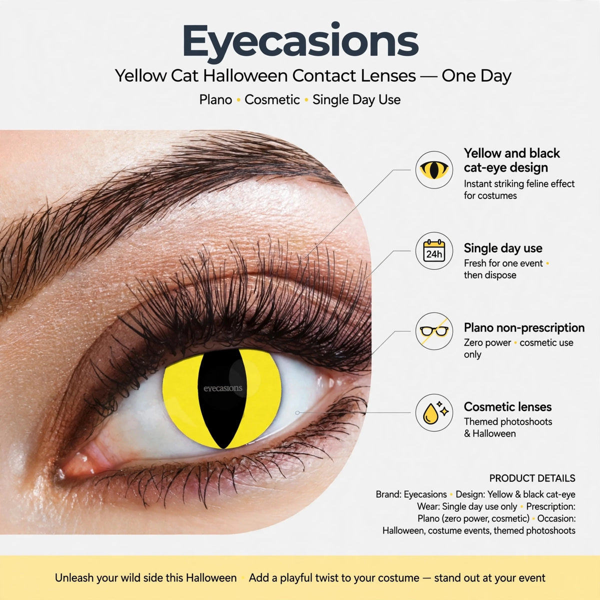 Infographic showing yellow and black cat-eye design, single day use, and plano non-prescription features