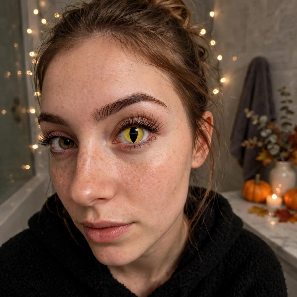 Person wearing Eyecasions yellow and black cat-eye contact lenses for Halloween or costume event