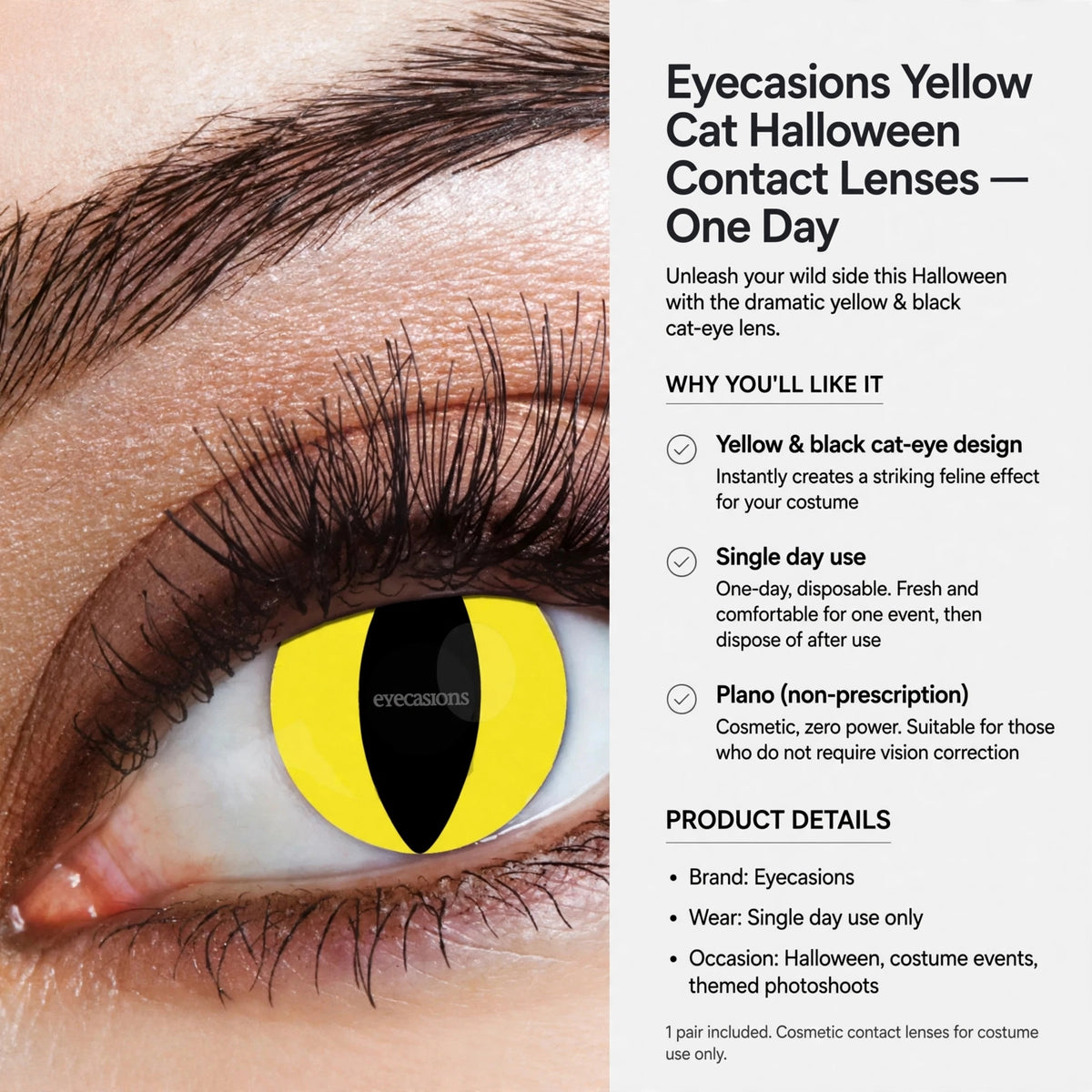 Information on single day use, plano non-prescription, and cosmetic purpose of the lenses