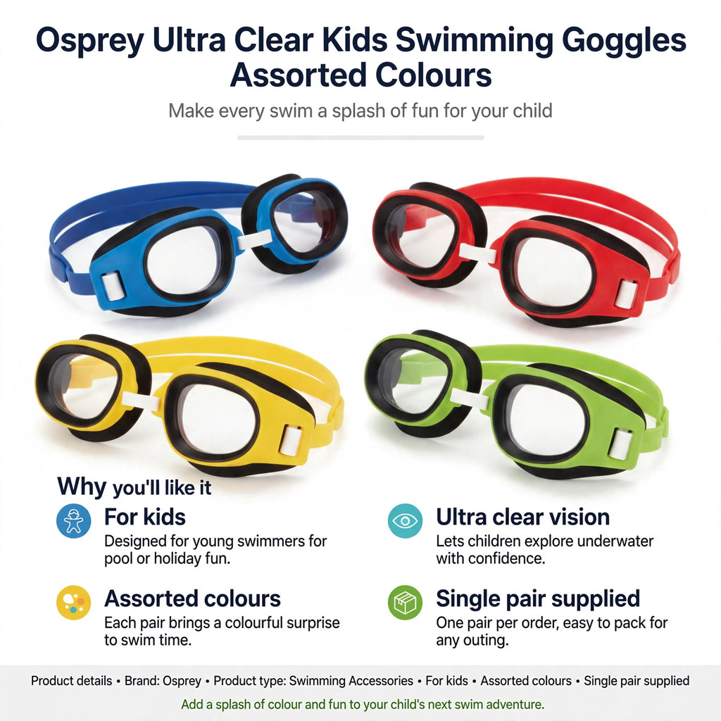 Infographic showing features of Osprey Ultra Clear Kids Swimming Goggles including ultra clear vision and assorted colours