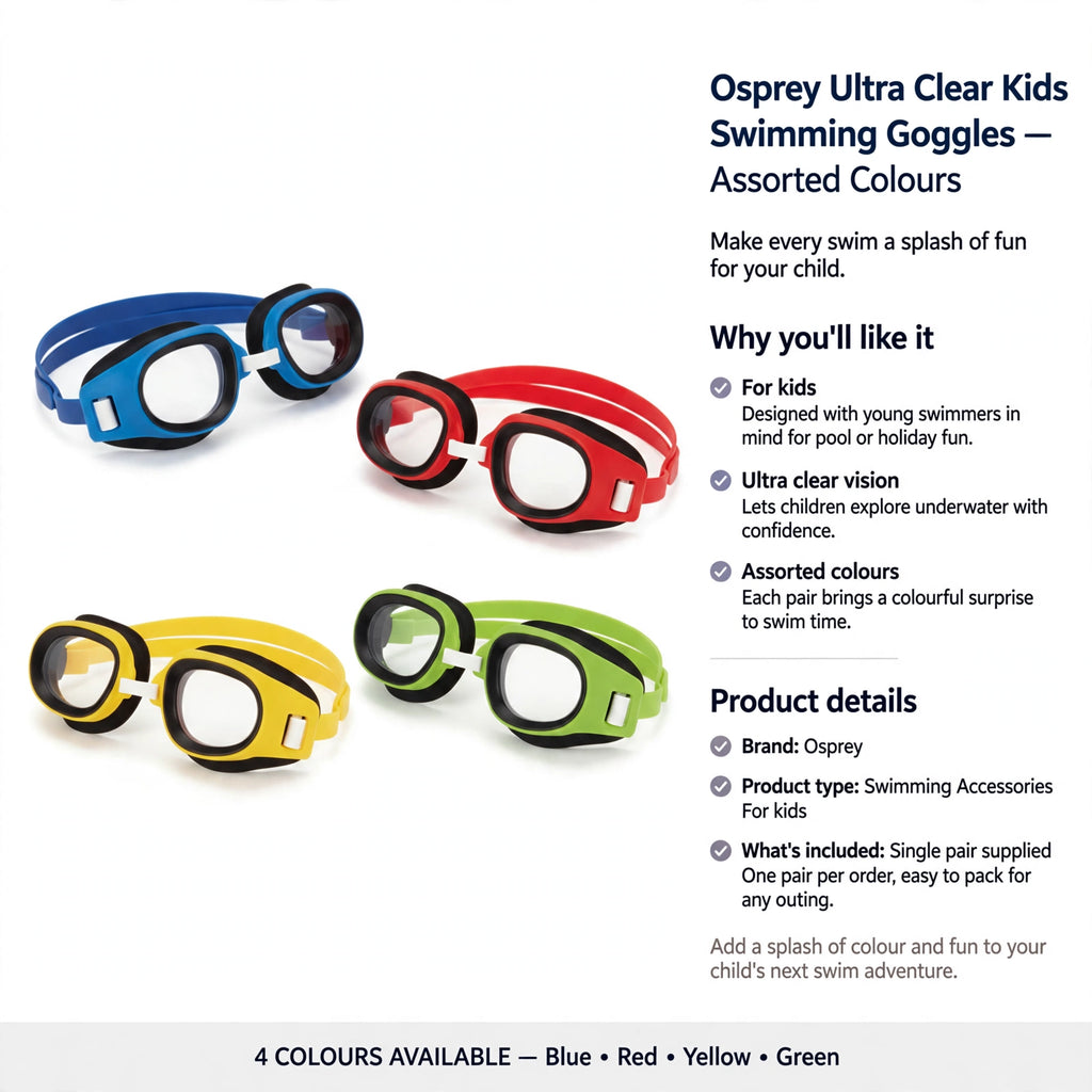 Information about Osprey Ultra Clear Kids Swimming Goggles designed for pool or holiday use with single pair supplied