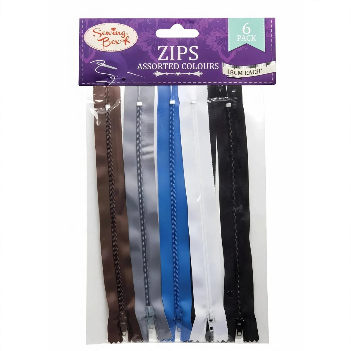 Pack of 6 assorted colour zips each 18cm long